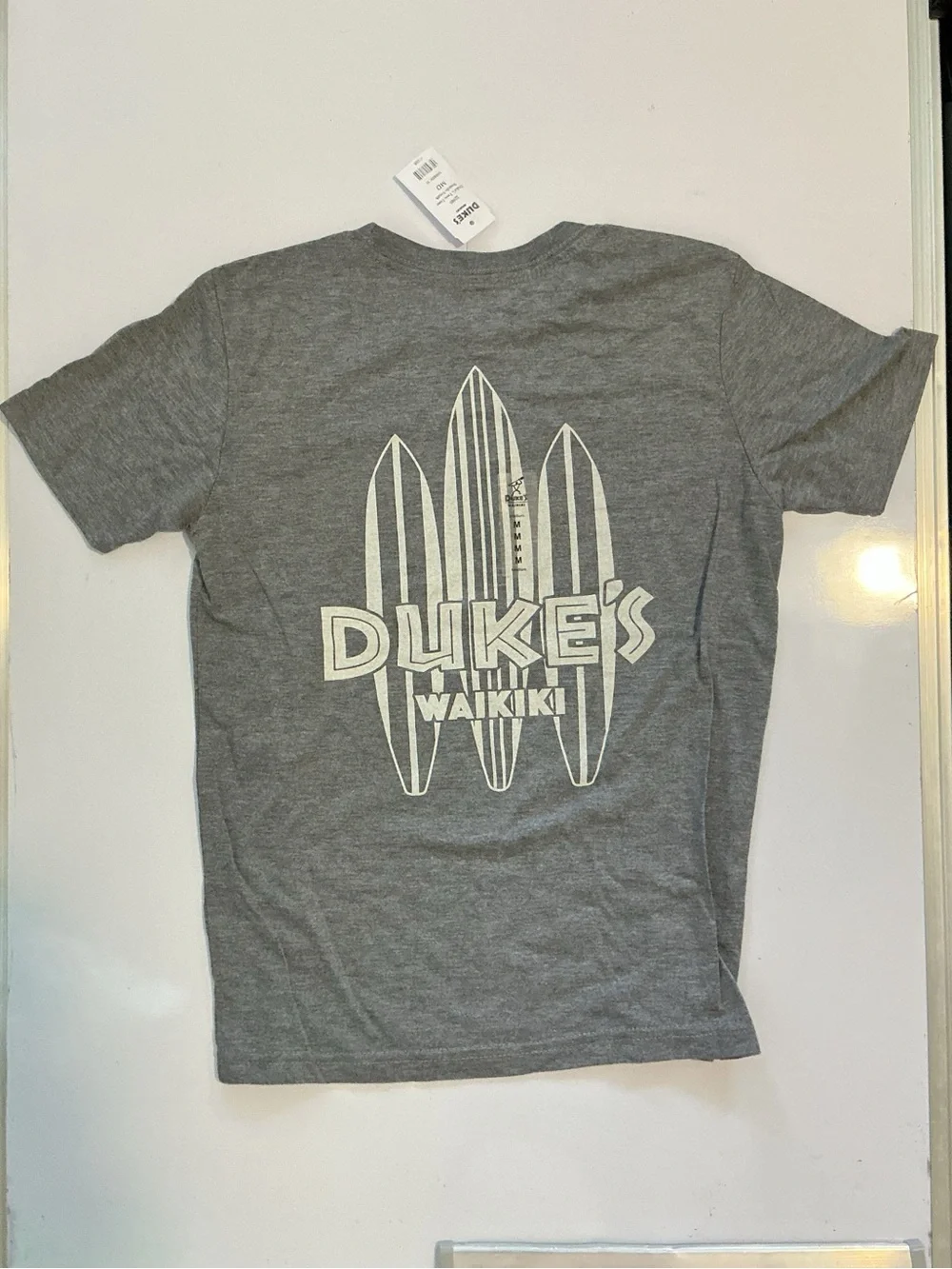 Duke’s Waikiki Youth Two-Tone Boards Gray Surf Graphic T-Shirt Size Medium NWT